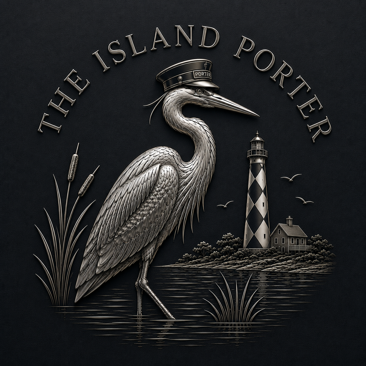 The Island Porter heron and lighthouse crest